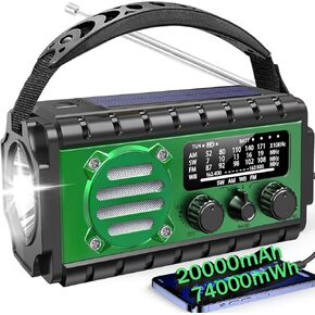 SW/NOAA/AM/FM Eergency Radio,20000mAh/74000mWh Weather Radio, Solar Hand Crank Radio,Batery Powered Radio,Portable Radio,Cellphone Charge,SOS,Flashlight for Emergency/Home (Aram Green)