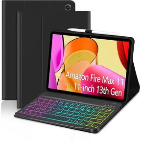 Case with Keyboard for Amazon Fire Max 11 inch (13th Generation, 2023 Release),7 Color Rainbow Backlit Detachable Type-C Charging Keyboard Magnetic Case Pen Holder 13th Gen-Black with Black