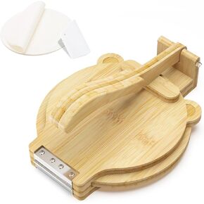 Tortilla Press 10 Inch - Bamboo Quesadilla & Roti Maker with Parchment Paper Sheets & Dough Cutter for Homemade Flour Corn Tortilla, Wood Tortillera Pataconera Tortilla Maker for Home Baking Cooking