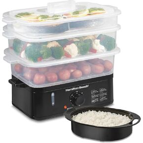 Hamilton Beach Electric Food Steamer, Rice Cooker & Egg Boiler for Quick, Fast Healthy Cooking with Stackable Three-Tier Bowls for Vegetables and Seafood, 9.5 Quarts, Black (37430)
