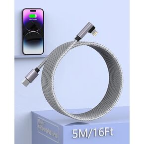 Long iPhone Charger Cable 5M,[Apple MFi Certified] 16ft USB C to Lightning Cord Nylon Braided Fast Charging iPhone Cable Compatible with iPhone 14 13 12 11 Pro/Max/Mini Xs SE2/iPad for Car（Grey）