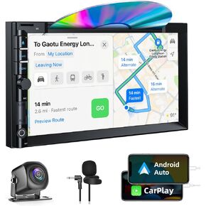 ستيريو سيارة مزدوجة DIN مع CD DVD ، تدعم كاميرا النسخ الاحتياطي Carplay/Android Auto ، 7 بوصة شاشة Radio Radio Bluetooth 5.2 ، AM/FM وحدة استقبال راديو مع رابط المرآة ، SWC ، SPTWOOFER ، USB/TF/AUX