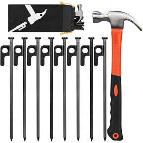 8 Pack 8in Heavy Duty Forged Steel Tent Stakes and Hammer Set, with Storage Pouch, Available in Rocky Place(8 Pack 8in Stakes + Hammer)