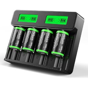 HiQuick Rechargeable C Batteries with Charger, 4 Bay LCD Universal Battery Charger for 3.7V Lithium Ion 18650 21700 14500 26650 18350 and 1.2V Ni-MH Ni-CD AA AAA C D Batteries, Contains 4 C Batteries