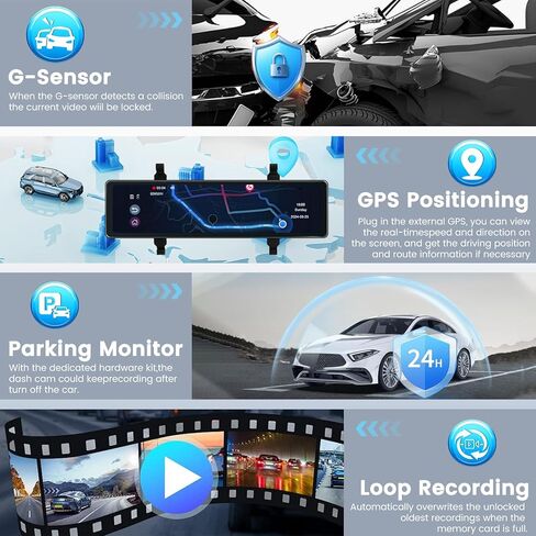 NHOPEEW 4K HD View View Camera - 11.26 بوصة IPS شاشة تعمل باللمس مرآة داش الكاميرا الأمامية والخلفية - التحكم في التطبيق/تسجيل الحلق in Kuwait