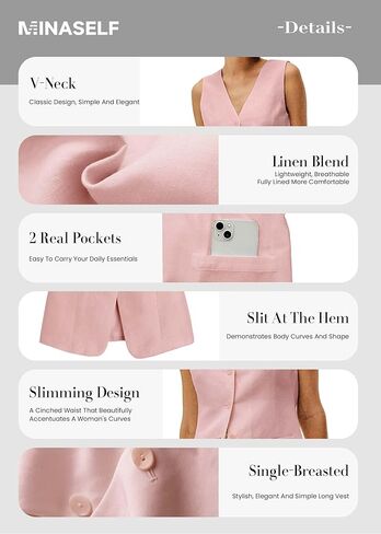 2024 Summer Long Linen Vest Blazer Y2K V-Neck Lightweight Fashion Casual Button Fully Lined Jackets Tops with Pockets in Kuwait