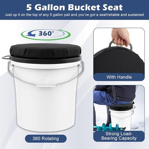 مقعد دلو 5 جالون ، مقعد دلو ، بزاوية 360 درجة ، مقعد دلو إسفنجي للجلوس المريح ، مقعد دلو الصيد الجليدي مع حقيبة تخزين للبستنة ، التخييم ، غسل السيارات (أسود) in Kuwait