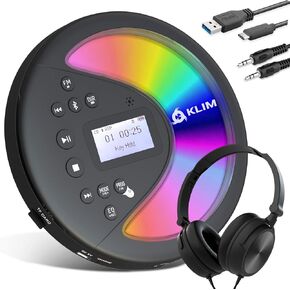 KLIM Discover with Headphones + Portable CD Player Walkman with Long-Lasting Battery + New + Radio FM + Compatible MP3 CD Player Portable + SD Card, FM Transmitter, Bluetooth + Ideal for Cars