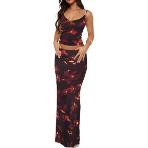Two Piece Skirt Set for Women - Sexy 2 Pc Sleeveless Spaghetti Strap Pleated Tank Top Maxi Long Skirts Sets