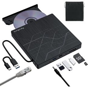 Super External CD DVD Drive, USB 3.0 DVD Burner with Ethernet Adapter, 3 USB and 2 TF/SD Card Ports, CD DVD Player Reader Writer Optical Disk Drive for Laptop MacBook PC Windows 11/10/8/7 Linux Mac OS
