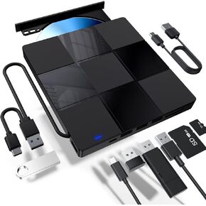 External CD/DVD Drive for Laptop, 7 in 1 USB Ultra-Slim Portable CD/DVD Player Burner, SD TF Card Slot DVD Player for Laptop, Compatible with Windows 11/10/8/7, Mac OS, Linux, PC (7 in 1)