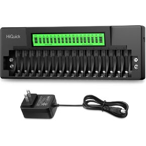 HiQuick 16+2 Bay AA AAA 9V Battery Charger, Fast Charging for NiMH NiCD Rechargeable Batteries, 2 Separate Charging Slot for 9V NiMH/Li-ion Battery with Smart LCD Display and AC Wall Adapter