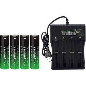 3.7V 18650 Rechargeable Battery 9900mAh Universal Smart Charger for 26650 14500 16340 14250-20241108 (Flat Top, 4 Pack+4 Bay Battery Charger)