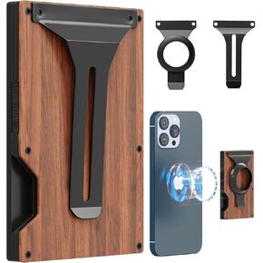 Magnetic Wallet for Iphone 15 14 13, Metal Card Holder for Magsafe Wallet, Magnetic Phone Wallet with Rfid Blocking & Money Clip, Mag Safe Wallet with Airtag Holder (Wood texture)