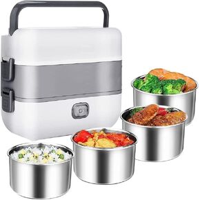 Portable Self Cooking Electric Lunch Box, Mini Rice Cooker, 2 Layers 4 Stainless Steel Steamer Food Insulation Lunch Box for Home Office Dormitory Travel Outdoor Kitchen Cook Raw Food, 2L/110V/200W