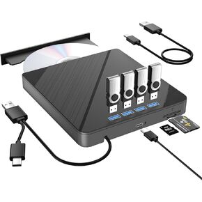 External CD DVD Drive,7 in1-4 USB Ports and TF/SD Card Slots USB 3.0 Portable CD/DVD Disk Drive Player Burner Reader Writer for Laptop MacBook PC Windows 11/10/8/7 Linux OS