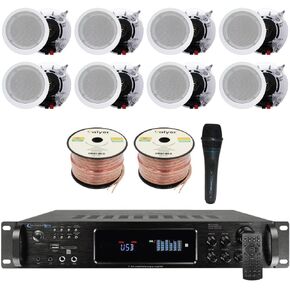 Vaiyer Home Stereo System Kit - 7.2 Channel 4500 Watts Bluetooth Amplifier with 8 Qty of 6.5" Ceiling Speakers 200W Each, Mic, 16 AWG 500 ft. Speaker Wire & Remote for Home, Bar, Office, Restaurant