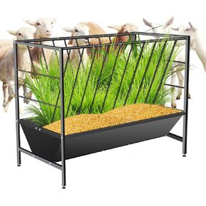 Pasture Hay Feeder 69 Gallon, Livestock 2 in 1 Hay and Grain Feeder, Heavy-Duty Galvanized Metal Goat Feeder with 2 Trays, Pasture Feeder for Goat, Sheep, Foal, Sheep