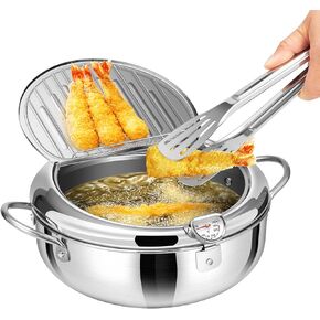 VIVOHOME 9.8 Inch 3.2 L 304 Stainless Steel Deep Fryer Pot with Tong, Tempura Fryer Pan with Thermometer for Chicken, Fish, French Fries, Shrimp