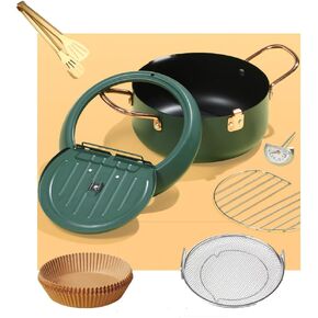 3.5L Stainless Steel Deep Fryer Pot 9.8in with 4 sets, Reduced Splashing Grate Oxydrily Japanese Tempura Thermometer Frying Pot (Green-Deep Fryer with 4 disposable sets)