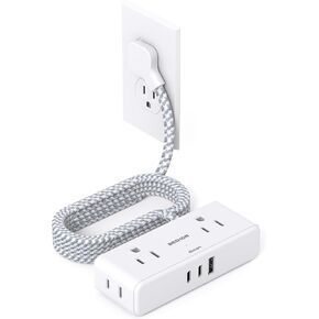 Flat Extension Cord 6 feet, Flat Plug Power Strip, 4 Widely Outlets with 3 USB Ports (2 USB C), 3 Side Outlet Extender with Extension Cord with Multiple Outlets for Home, Office, Dorm Room Essentials