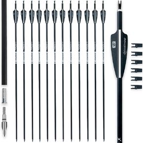 31Inch Carbon Arrows for Target Practice Hunting Arrow with Removable Tips for Compound & Recurve Bow(Pack of 12) (Black White)