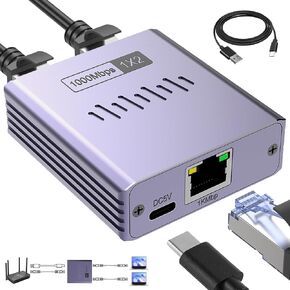 Ethernet Splitter 1 to 2, 1000Mbps High-Speed RJ45 Splitter, Ultra Slim Aluminum Case, Gigabit LAN Splitter with USB-C Power for Cat5/6/7/8 Cables