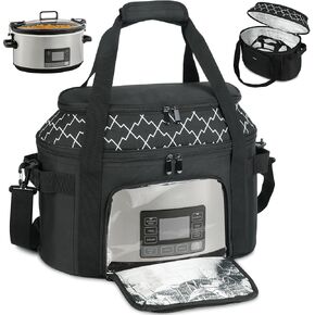 Slow Cooker Carrying Bag Compatible with 6-8 Quart CrockPot and Hamlton Beach Slow Cooker,Insulated Double-Layer Slow Cooker Travel Case with Lid Fastener and See-through Window,Bag Only