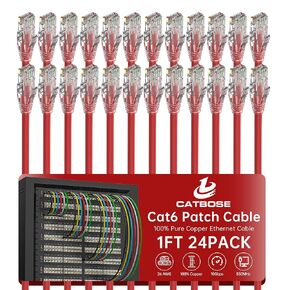 1 Foot Cat6 Patch Cable(24 Pack), Solid Pure Copper Patch Cord, Cat 6 Ethernet Cable, UTP Network, High Speed RJ45 Internet Cable, Compatible for Routers, Switches, PC, Servers, PS4/5, Xbox - Red