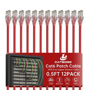 0.5 Foot Cat6 Patch Cable(12 Pack), Solid Pure Copper Patch Cord, Cat 6 Ethernet Cable, UTP Network, High Speed RJ45 Internet Cable, Compatible for Routers, Switches, PC, Servers, PS4/5, Xbox - Red