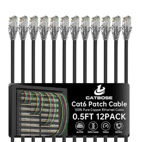 0.5 Foot Cat6 Patch Cable(12 Pack), Solid Pure Copper Patch Cord, Cat 6 Ethernet Cable, UTP Network, High Speed RJ45 Internet Cable, Compatible for Routers, Switches, PC, Servers, PS4/5, Xbox - Black