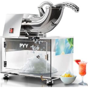 PYY Snow Cone Machine - Commercial Ice Crusher Shaver, Electric Crushed Shaved Snowcone Maker, 440LBS/H 1400RPM All-Copper Motor, Stainless Steel Full Body, Dual Blades, Acrylic Box and Drain Pipe