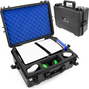 CASEMATIX Travel Case Compatible With PlayStation 5 Pro & PS5 Pro Disc Drive - Hard Shell Waterproof Case with Custom Foam for Console, Pro Controllers, Stand, Headset, Games and PS5 Pro Accessories
