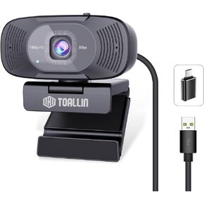 TOALLIN 1080P Full HD Webcam with Dual Microphones, Computer Web Camera, 90° Wide Angle View Without Distortion, USB Plug and Play Webcam for Video Conferencing/Online Calling/Live Streaming