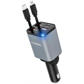 Flexino Retractable Car Charger 4 in 1, Car Charger for iPhone 16, USB C Car Charger, 69W Fast Charging Car Charger, Compact Car Phone Charger, Fit for iPhone 16/15/14/13/12, Samsung, Grey
