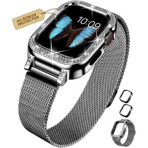 XYF Compatible for Apple Watch Band 45mm 44mm 41mm 40mm for Women with Bumper, Stainless Steel Mesh Magnetic Luxury Rhinestone Milanese Strap Dressy iWatch Loop Series 9 8 7 6/SE 5 4