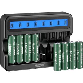 Hixon 8-Pack 1.5V Rechargeable Lithium AA Batteries & LCD Charger, 3000mWh Double AA Li-Ion Battery,1600Cycles,Max 3A Discharge,Constant Output for Home&Office Use|Blink Camera|VR/Xbox GamingPad.