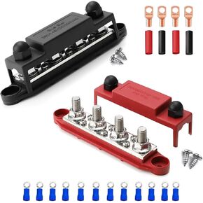2 PCS Marine Bus Bar 250A Power Distribution Block, 6 x #8(M4) Screws Terminals, 4 x 3/8" (M10) Studs, 12 Volt Automotive Marine Battery Busbar Terminal Block with Cover