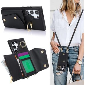 for Samsung Galaxy S25 Ultra (Not S25) Case for Women, Crossbody Wallet Case with Card Slot Lanyard Wrist Strap Shockproof Purse Kickstand Case Cover for Samsung S25 Ultra.Crossbody Black