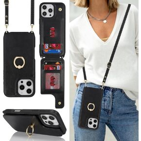 for iPhone 16 Pro Max Case with Card Holder and Strap for Women,Crossbody Lanyard,Ring Stand,Snap Clasp,Cute Phone Wallet Cases 6.9 inch(Black)