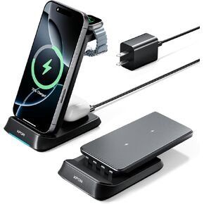 Kpon Wireless Charger Station Stand Foldable for Thick Cases of 10MM/Otterbox/Popsocket, 3 in 1 Wireless Charging Station for Samsung/iPhone/Apple Watch/Galaxy Watch Multiple Devices