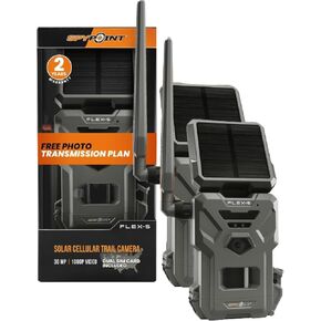 SPYPOINT Flex-S Solar Cellular Hunting Trail Camera (2pk), Integrated Solar Panel, On-Demand Capable, LTE Connectivity, 100-foot Flash/Detection Range, Internal Battery