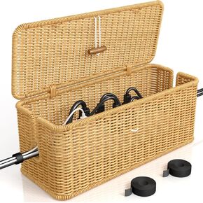 Cable Management Box, Power Strip Box with Locked Cover, Handmade Rattan Cable Organizer Cords Hider Box, Desk Cord Organizer Box, Power Strip Cover Box for USB Outlet & Computer Power Cable