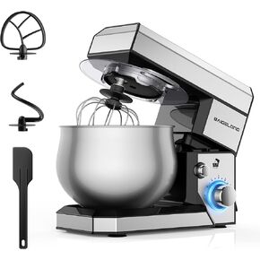 6+P Speeds Stand Mixer, 4.2QT Small Food Mixer with Stainless Steel Bowl, Dough Hook, Beater, Whisk & Scraper, Electric Kitchen Mixer Dough Mixer for Baking, Most Home Cooks, Silver