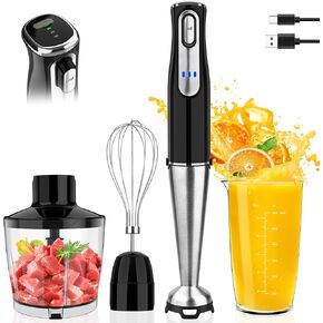 Cordless Immersion Blender Handheld, 4 In 1 Rechargeable Electric Hand Blender Stick Blender Variable Speed with Chopper, Beaker, Whisk, Stainless Steel Blade for Soup, Baby Food, Smoothies
