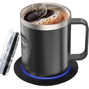 Self Heating Coffee Mug,12oz Heated Mug with Double-Layer 18/8 Stainless Steel,131℉ Beverage Cup Warmer with Mug Set for Desk Home & Office (Black)