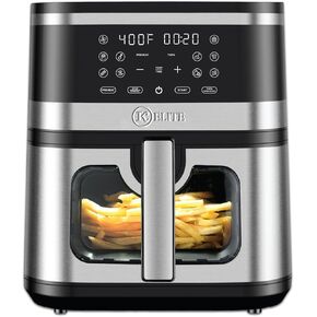 Air Fryer Oven Stainless Steel, XL 8.5QT Large Airfryer with View Window, 10 one-touch Functions, Precise Temp Control, 90% Less Oil, Rapid Heating, Reheat, Roast, Dehydrate, 1700W
