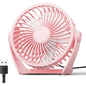 USB Desk Fan, 5 Inch Small Portable Fan, 3 Speeds Powerful Wind Mini Personal Desktop Fan 360° Rotation Adjustable, Plug In USB Fan Quiet for Table Home Office Travel Car(Pink)