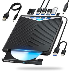 Compatible with Blu-ray External Drive, Compatible with Blu-ray DVD/CD Player/Read/Write, USB 3.0 &/Type-C, Windows 7-11 & Mac, PC-Compatible, with TF/SD/USB Por