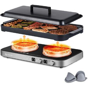 AMZCHEF Double Induction Cooktop with Removable Iron Cast Griddle Pan Non-stick, 1800W 2 burner Portable Induction Stove With Sensor Touch 9 Power Levels, 99 Min Timer, Iron Grey